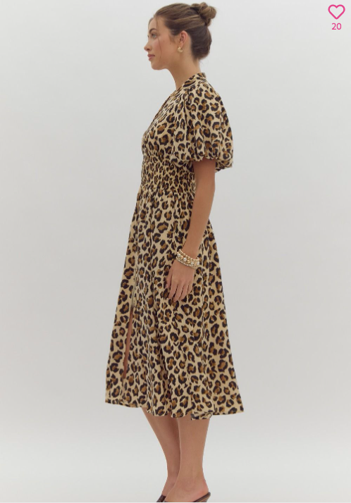 Leopard Print Zipper Bubble Sleeve Midi Dress