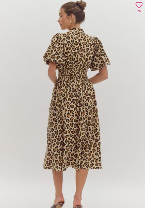 Leopard Print Zipper Bubble Sleeve Midi Dress