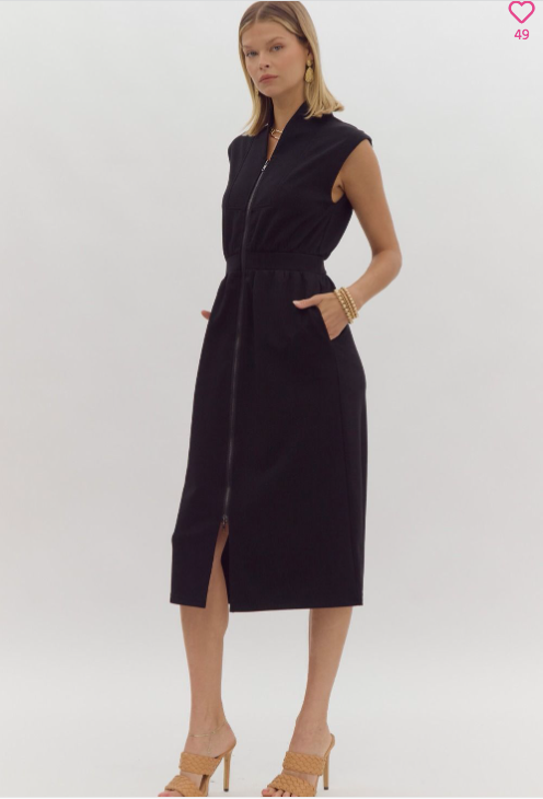 Collar Zipper Midi Dress