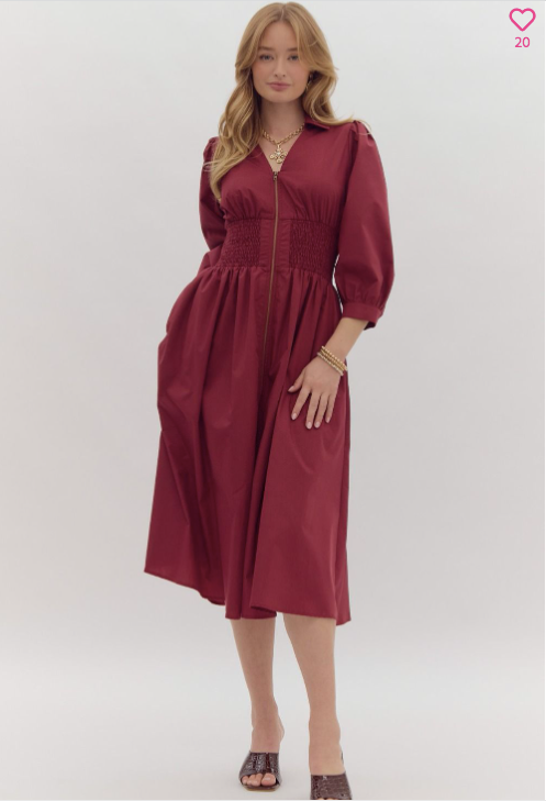 Burgundy Zipper Midi Dress