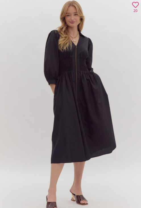 Black Zipper Midi Sleeve Dress