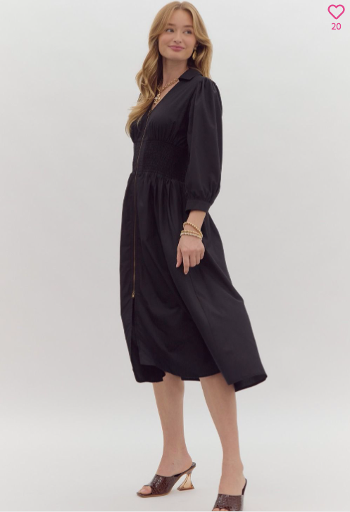 Black Zipper Midi Sleeve Dress