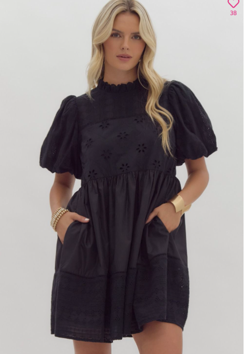 Eyelet Bubble Sleeve Short Dress