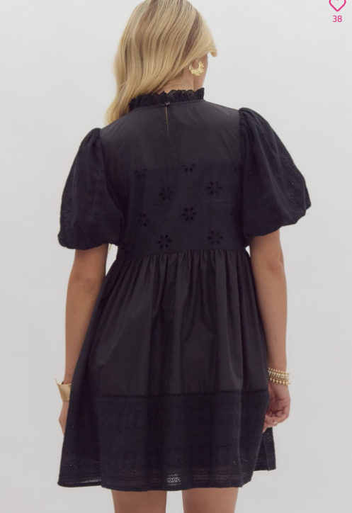 Eyelet Bubble Sleeve Short Dress