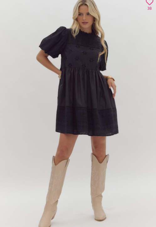 Eyelet Bubble Sleeve Short Dress