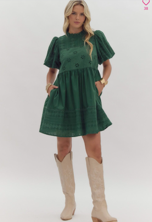 Eyelet Bubble Sleeve Short Dress