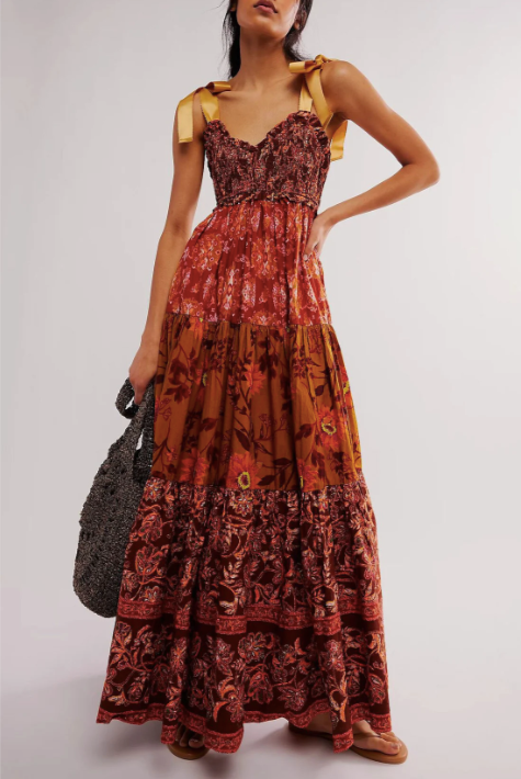 Bow Shoulders Fall Flowers Print Maxi Dress