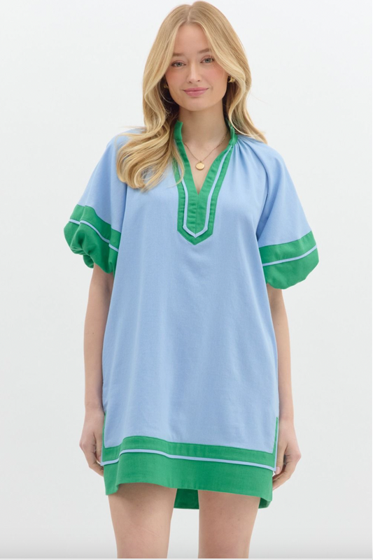 1410 Blue & Green Bubble Sleeve Dress