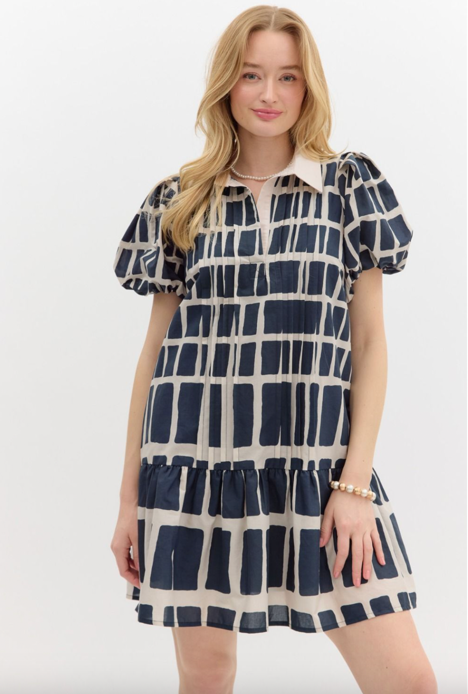 1424 Navy Print Collar Low Waist Dress