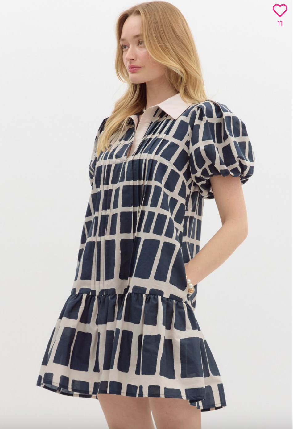 1424 Navy Print Collar Low Waist Dress