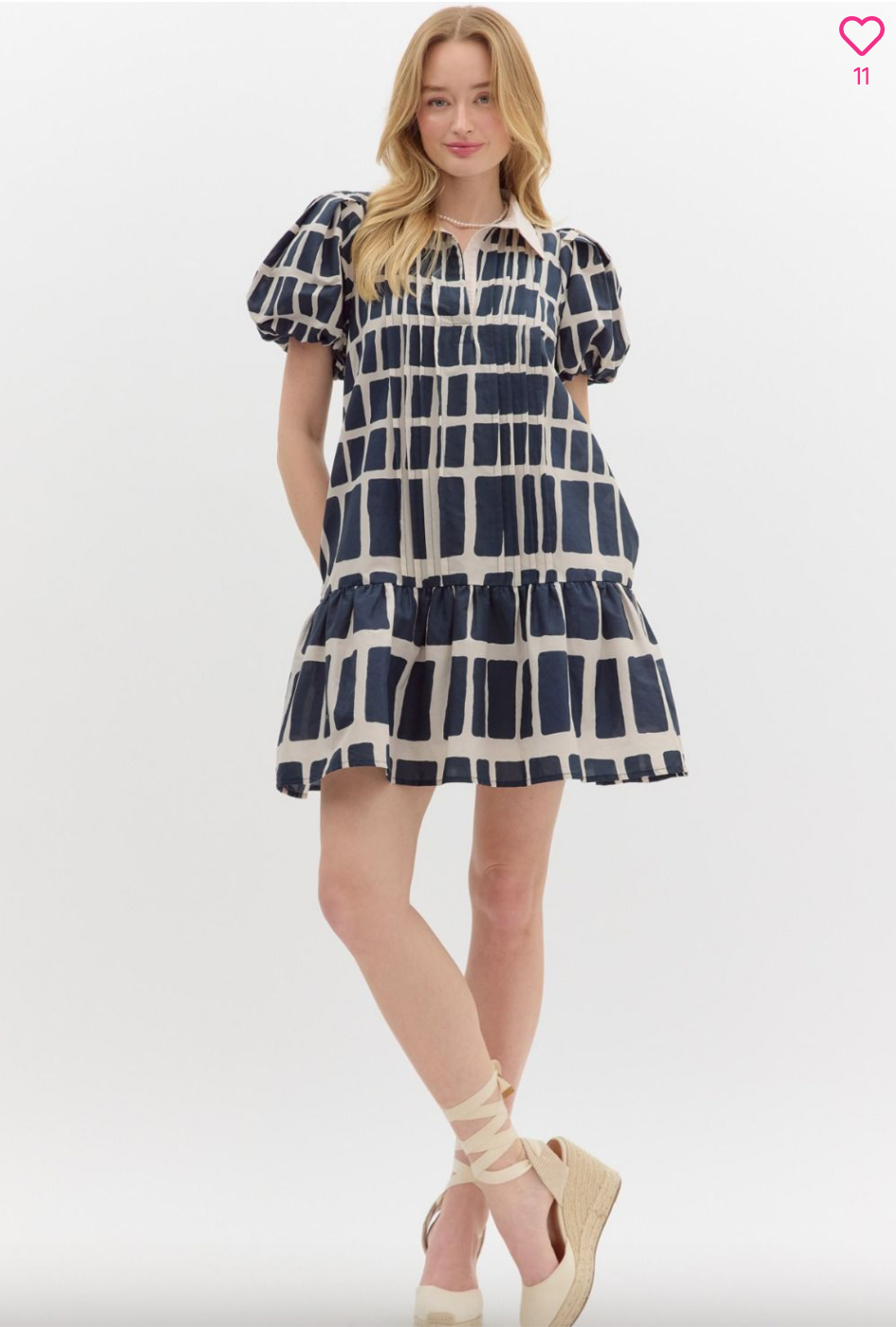 1424 Navy Print Collar Low Waist Dress