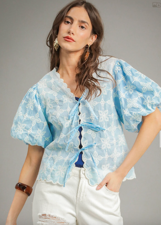 1506 Light Blue Eyelet Embroidered Bubble Sleeve Bow Top