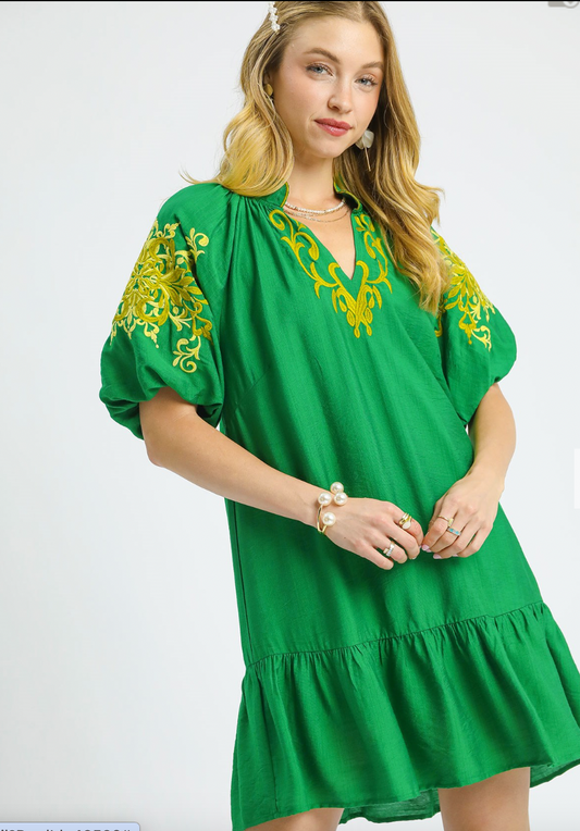 1507 Yellow Embroidered Green Dress