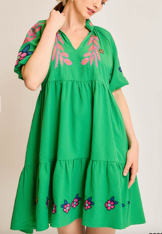 1508 Multi Embroidered Boho Green Dress