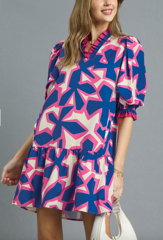 1509 Abstract Flower Pink & Blue Dress