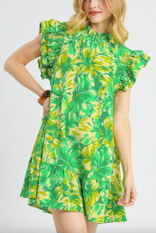 1510 Yellow & Green Print Ruffle Sleeve Dress