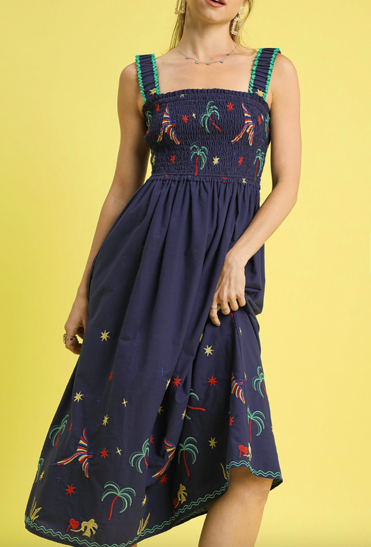 1513 Navy Embroidered Smocked Palm Sundress