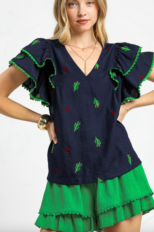 1514 Navy Embroidered Cactus Ruffle Sleeve Top