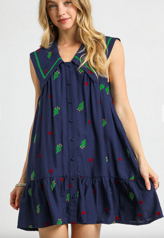 1515 Navy Embroidered Cactus Big Collar Dress