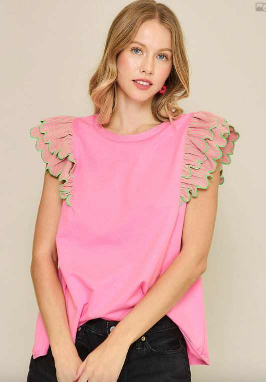 1516 Embroidered Ruffle Sleeve Top