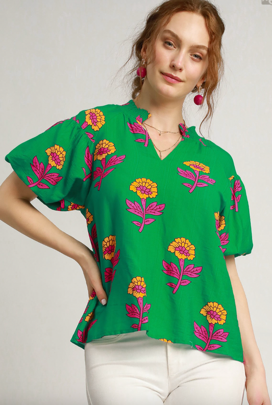 1517 Green With Fuchsia Flowers Print Top