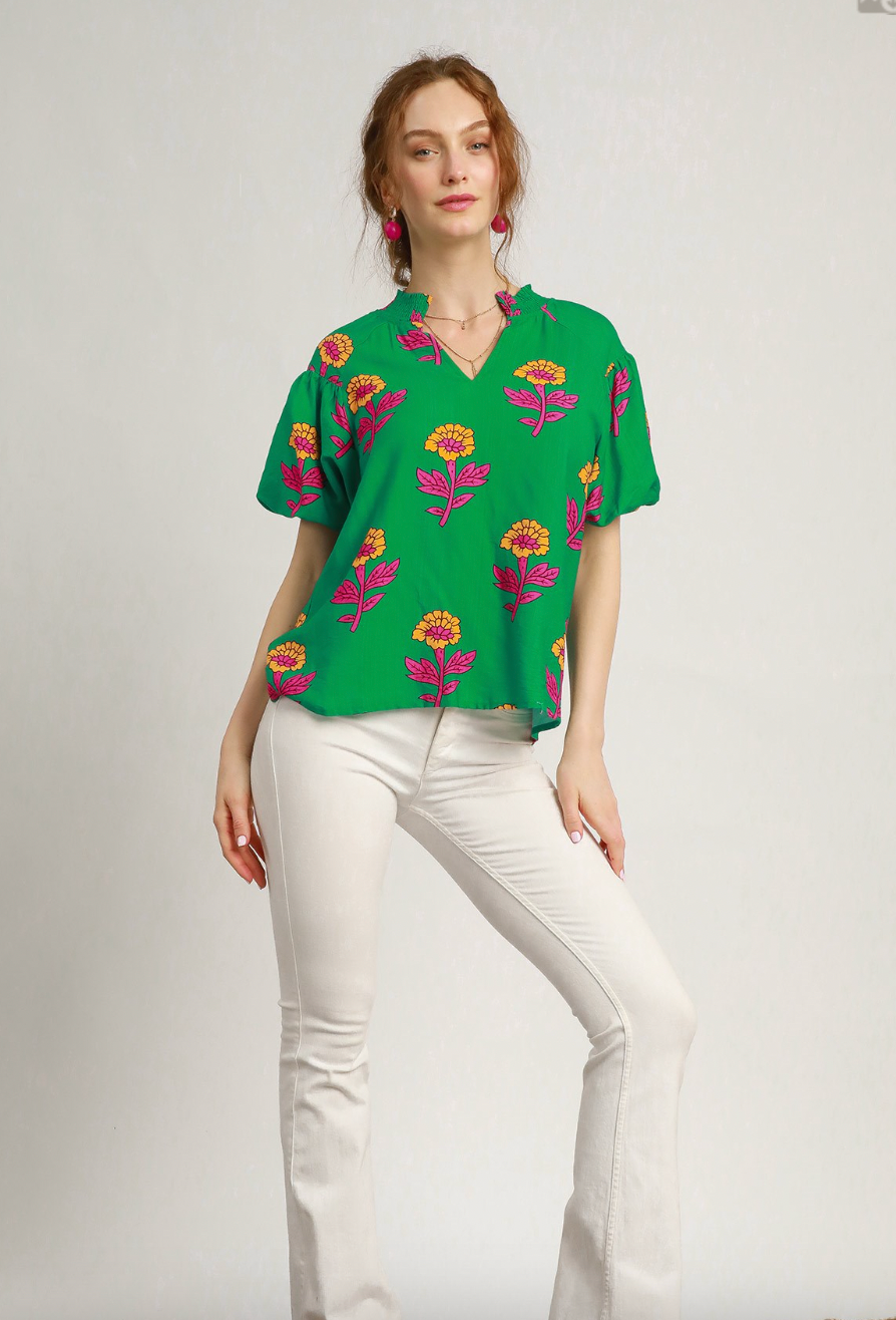 1517 Green With Fuchsia Flowers Print Top