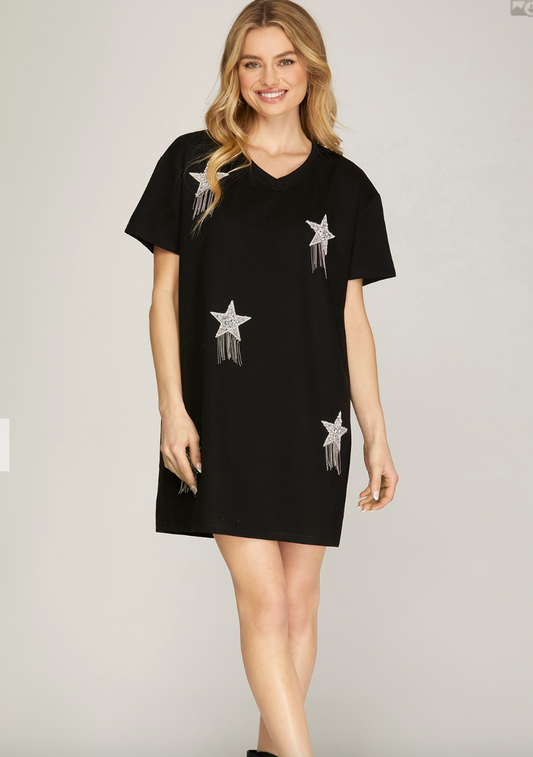 1640 Rhinestones Stars T-Shirt Dress