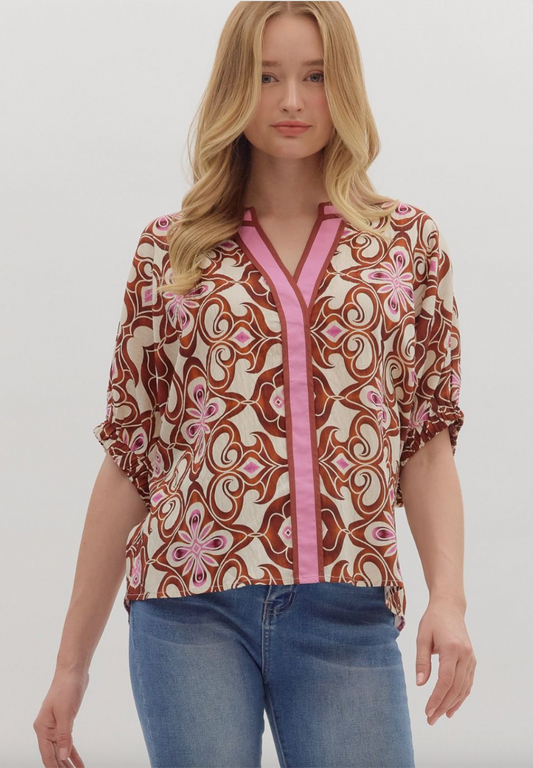 1672 V-Neck Batik Print Top