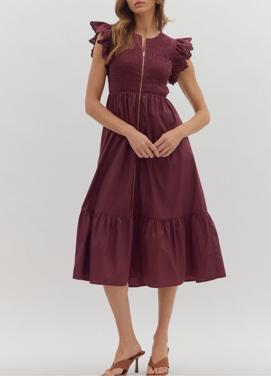 1759 Ruffle Sleeve Zipper Midi Dress