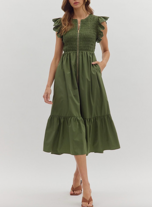 1759 Ruffle Sleeve Zipper Midi Dress