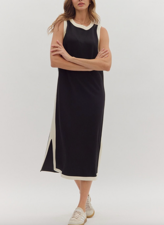 1760 Black White Striped Midi Dress