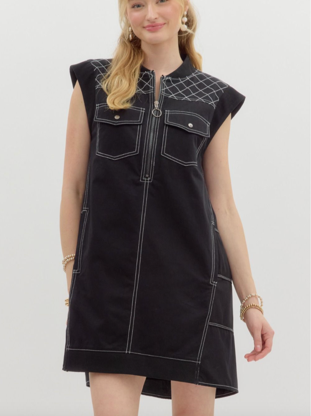 1673 Checkers Zipper Sleeveless Pocket Dress