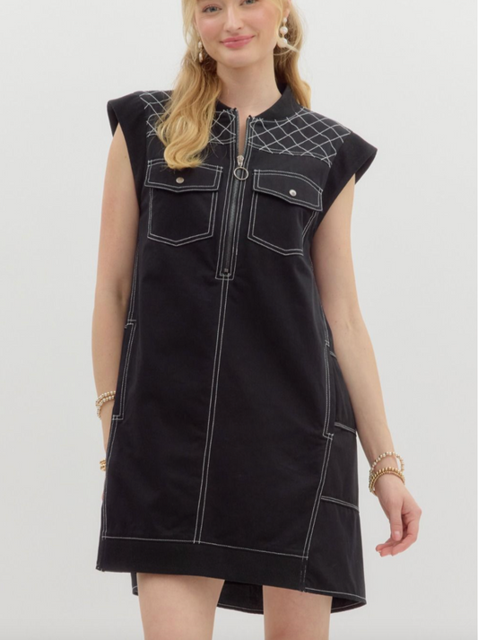 1673 Checkers Zipper Sleeveless Pocket Dress