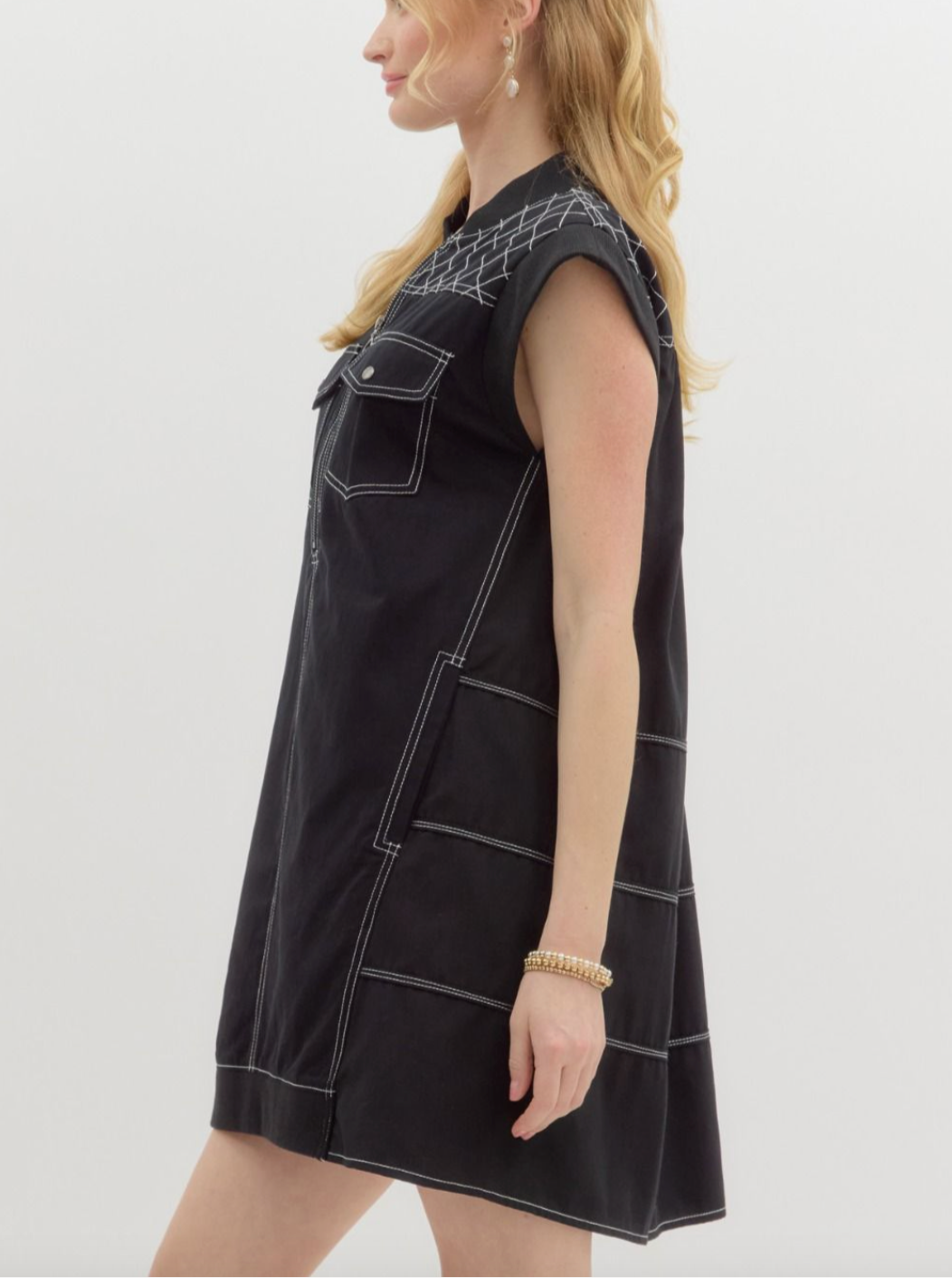 1673 Checkers Zipper Sleeveless Pocket Dress