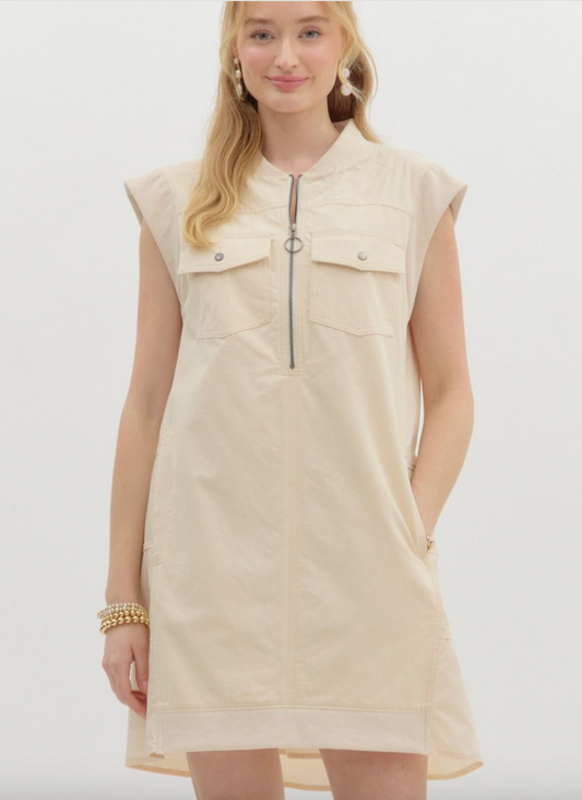 1673 Checkers Zipper Sleeveless Pocket Dress