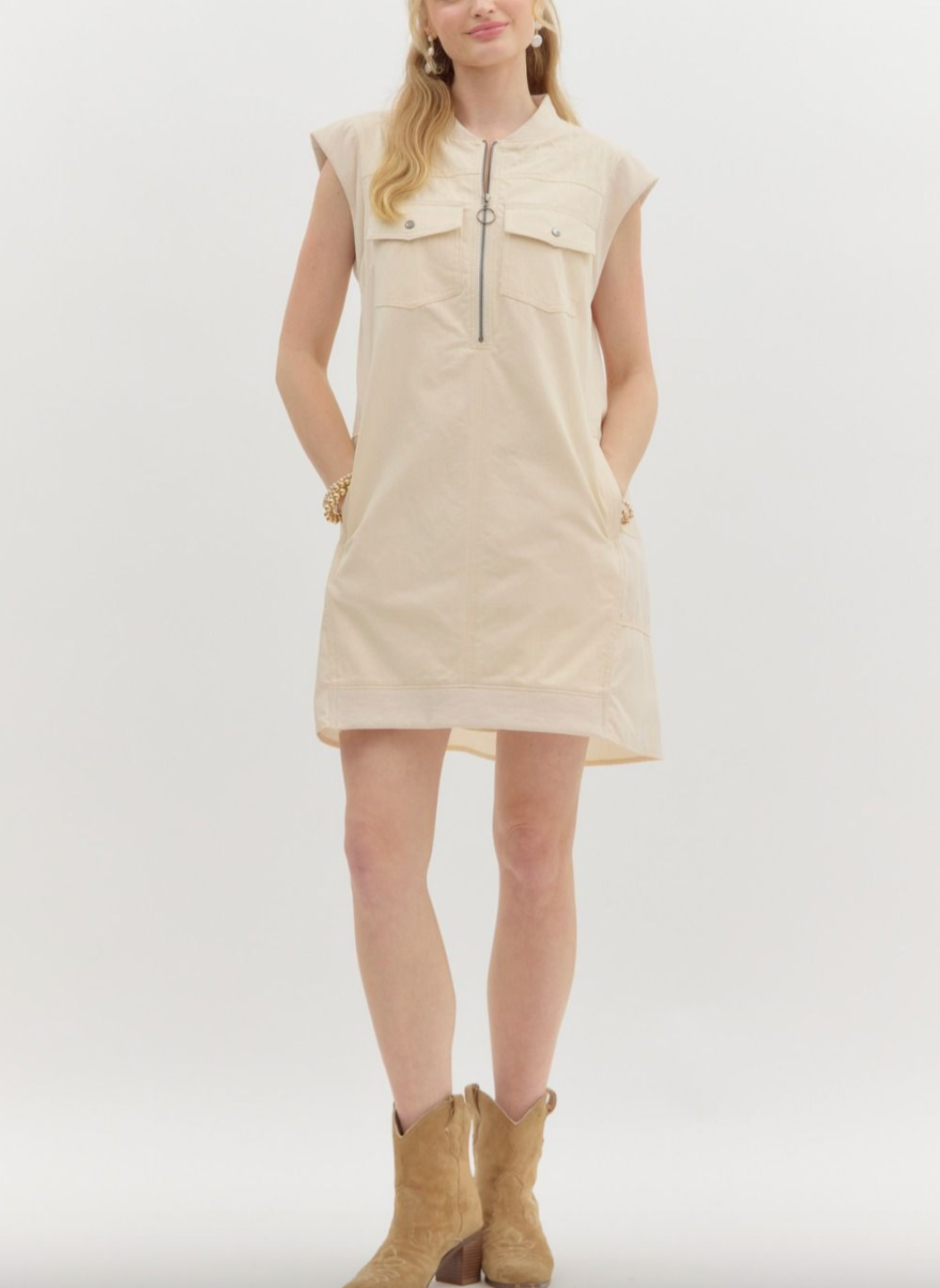 1673 Checkers Zipper Sleeveless Pocket Dress