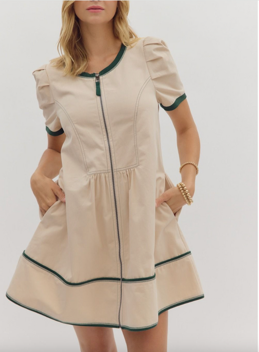 1767 Beige Bubble Sleeve Zipper Dress