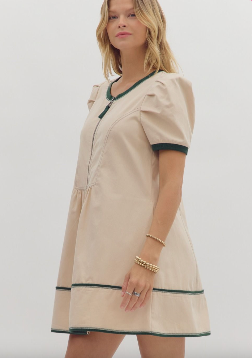 1767 Beige Bubble Sleeve Zipper Dress