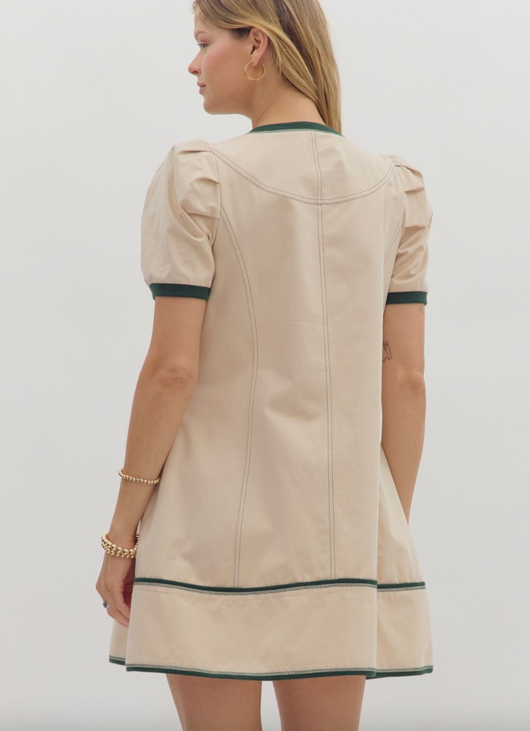 1767 Beige Bubble Sleeve Zipper Dress