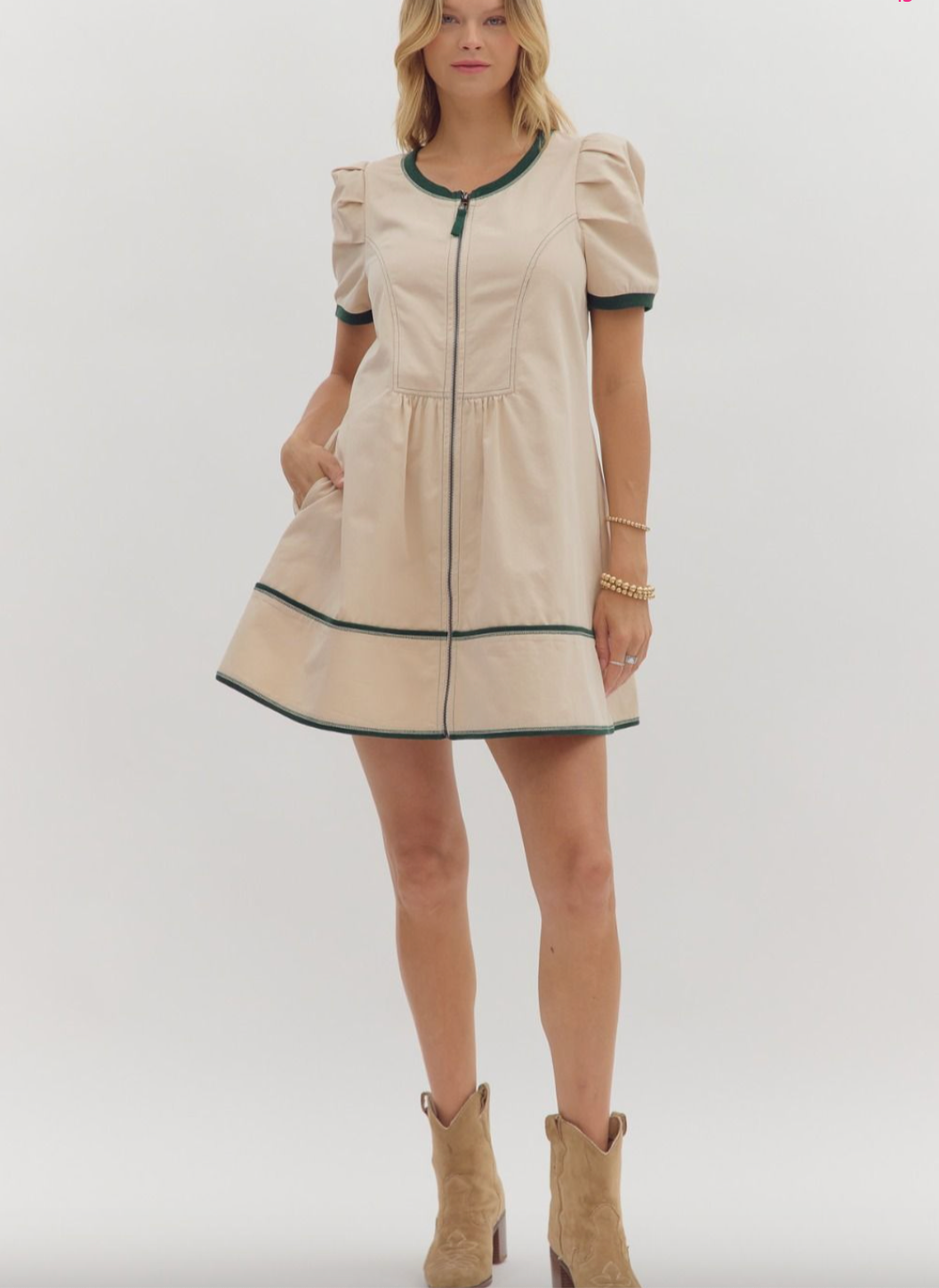1767 Beige Bubble Sleeve Zipper Dress