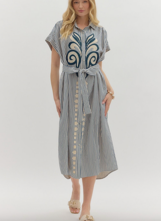 1693 Striped Button Down Midi Dress