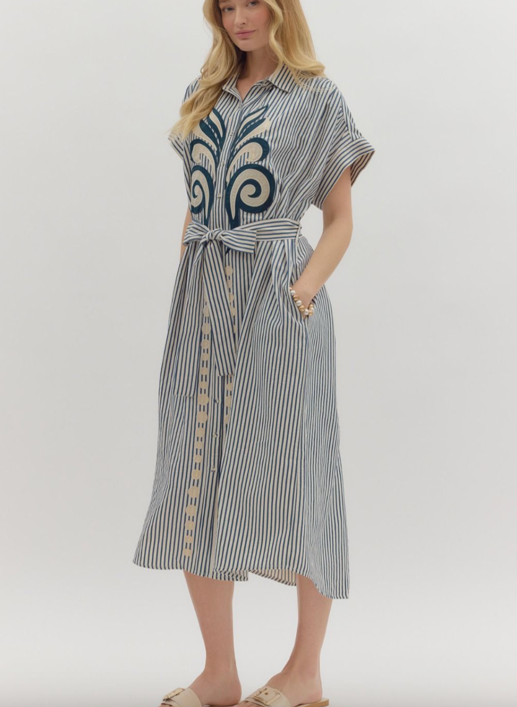 1693 Striped Button Down Midi Dress
