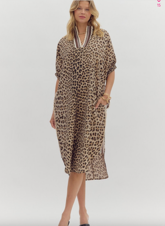 1674 Leopard Track Lines Collar Midi Dress