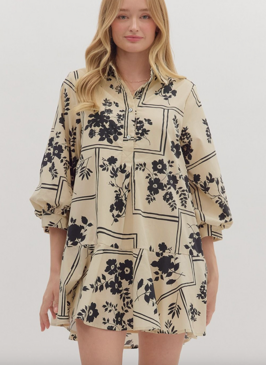 1770 Floral Beige & Black Dress