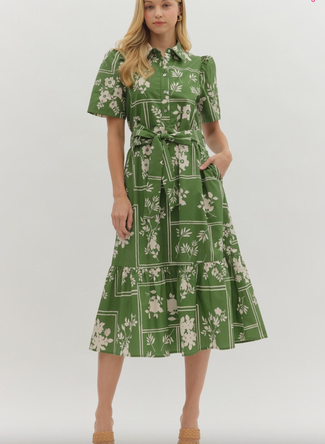 1670 Olive Button Down Floral Midi Dress
