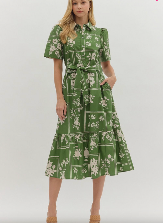 1670 Olive Button Down Floral Midi Dress