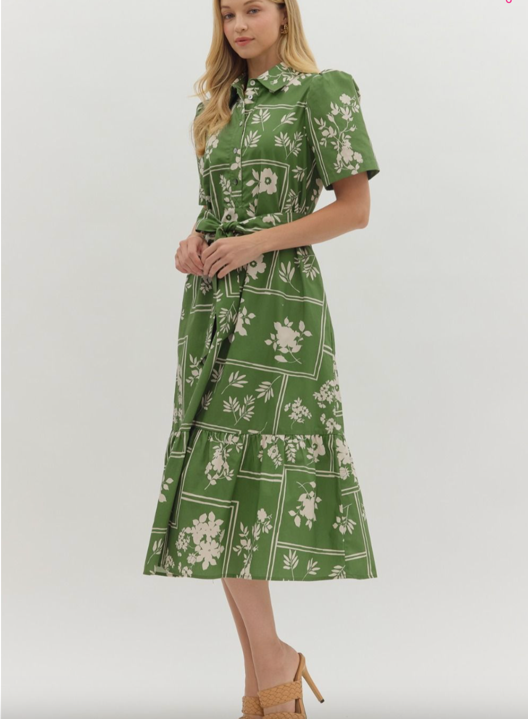 1670 Olive Button Down Floral Midi Dress