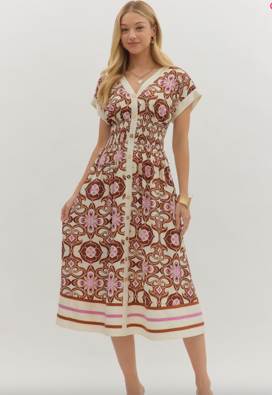 1766 V-Neck Print Midi Dress