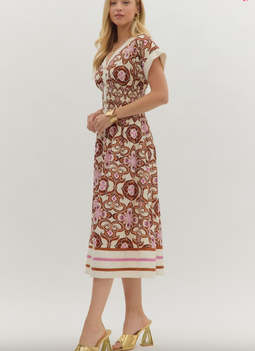 1766 V-Neck Print Midi Dress