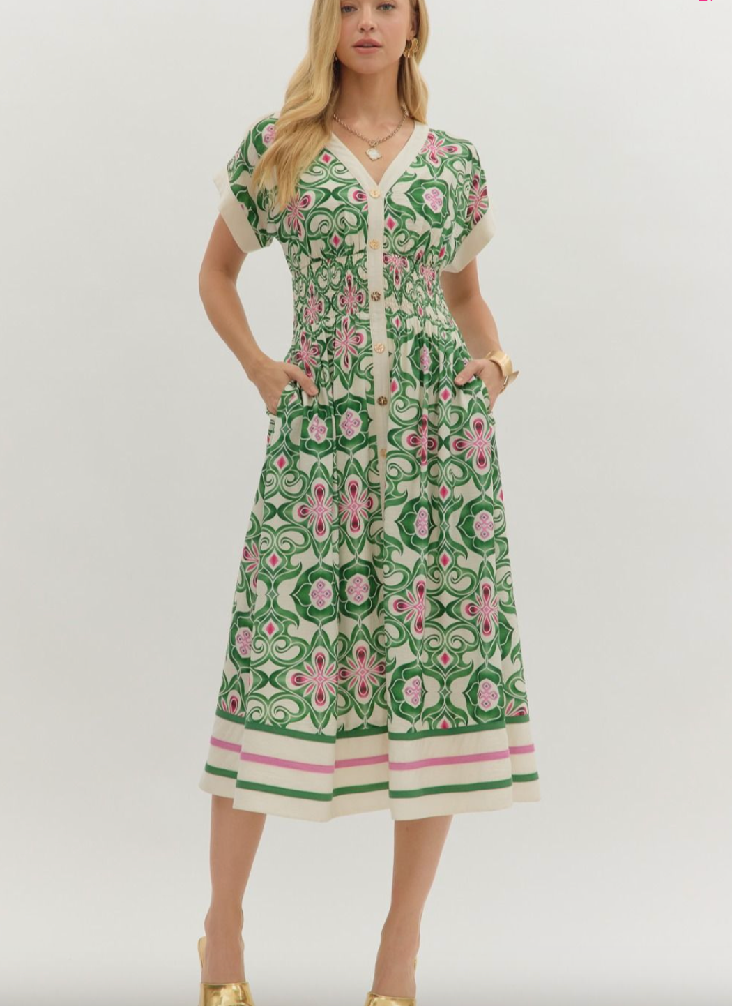 1766 V-Neck Print Midi Dress